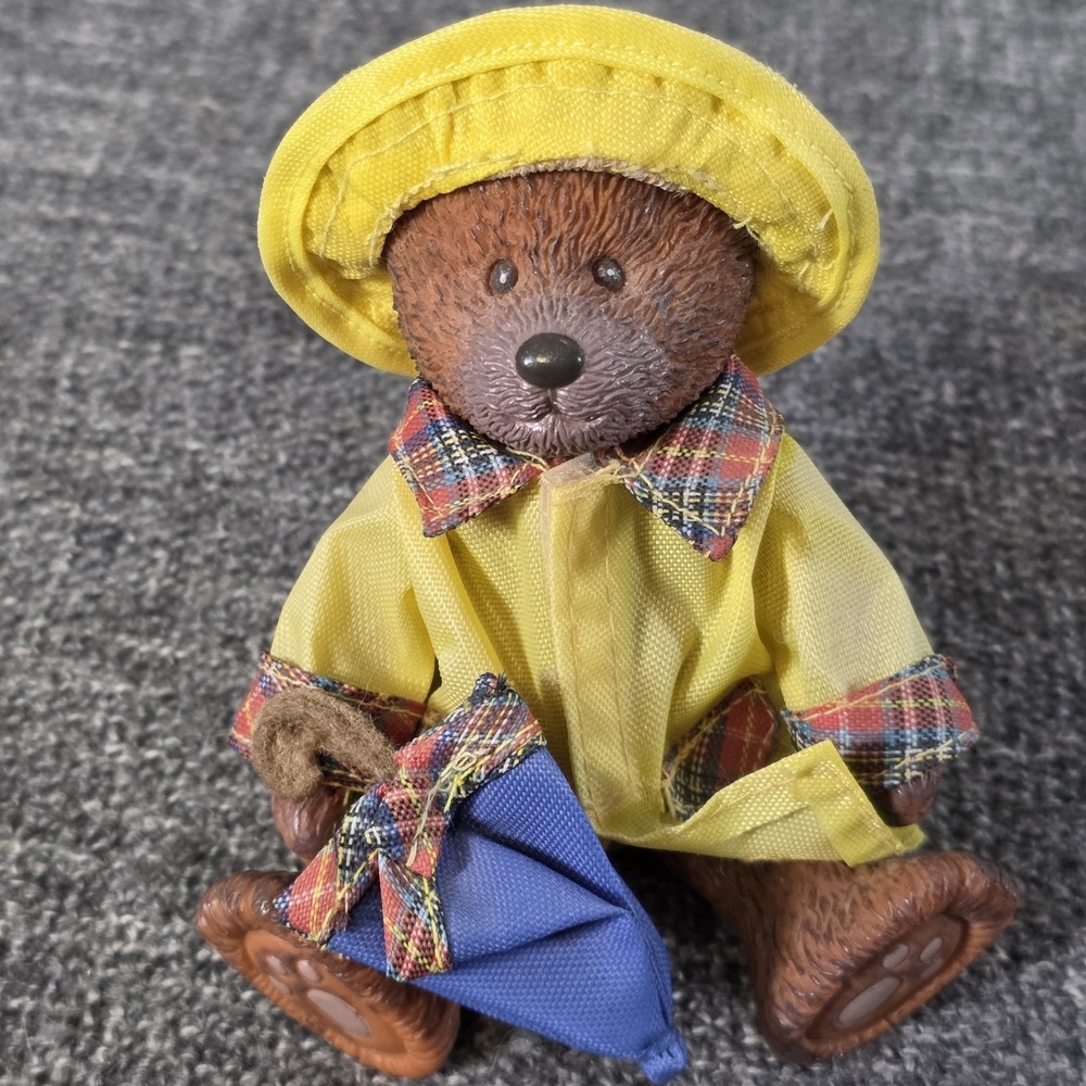 Russ Berrie Miniature Teddy Bear Figurine Yellow Raincoat Blue Umbrella 3 inch
